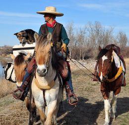 Bernice herself, Essie Pearl (her pack horse), Honor (her riding horse), & Claire the Canine